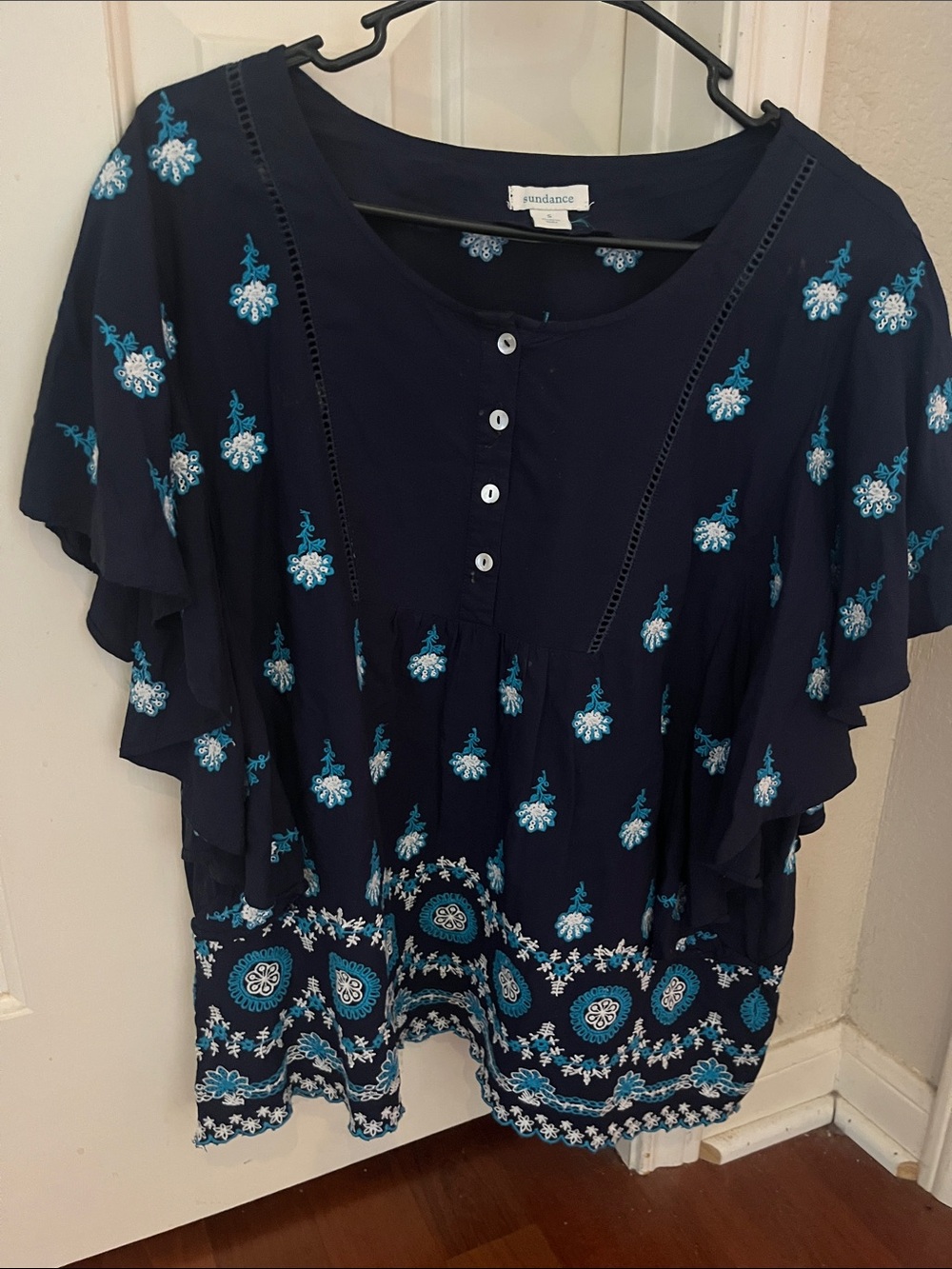 Sundance Navy/turquoise Embroidered Flutter-Sleeve Blouse S